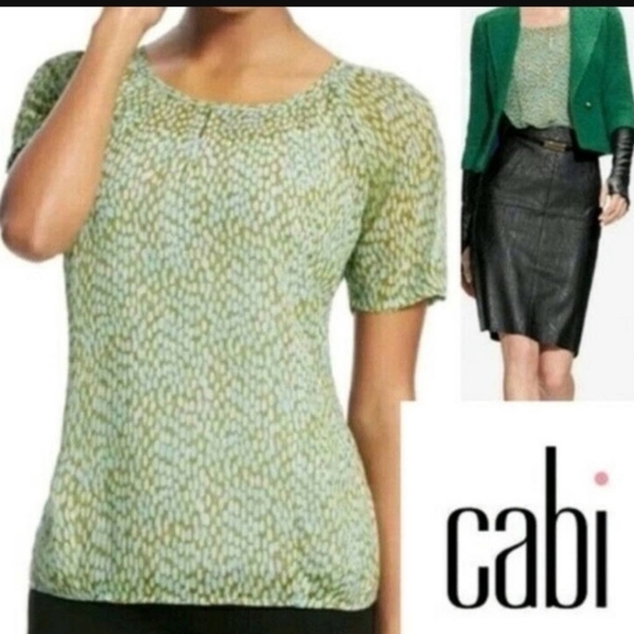 CAbi Blouse 602 Size Medium Pebble Blue Green Print Sheer Flowy Shirt Sleeve - Picture 4 of 12